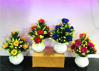 ADIRSA artificial flowers Stylish Looking Mix Color Decorative Piece Rose Flower Set Multicolor Wild Flower Artificial Flower  with Pot(7 inch, Pack of 4, Flower with Basket)