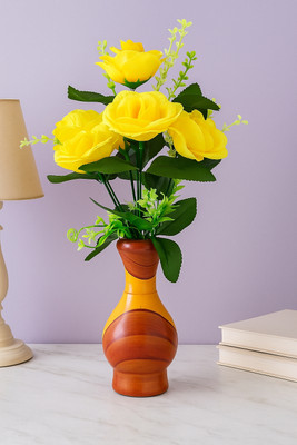YugAura Artificial Yellow 7 Head Rose Bunch in Wooden Designer Vase Home office Decor Yellow Rose Artificial Flower  with Pot(40 cm, Pack of 1, Flower Bunch)