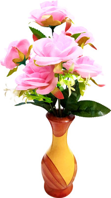 house of fun Artificial Pink Rose Flower Bunch with Wooden Vase/7 Pink Rose Artificial Flower  with Pot(30 cm, Pack of 7, Flower Bunch)