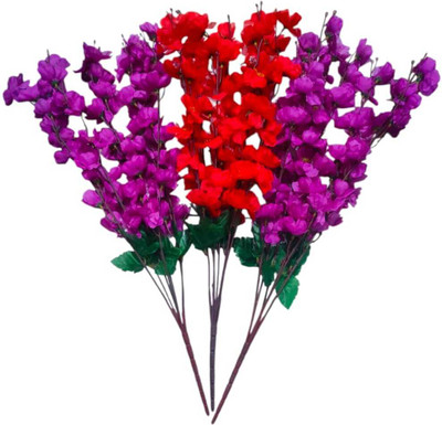 radiant Red, Purple Orchids Artificial Flower(22 cm, Pack of 3, Flower Bunch)
