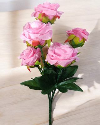 Bloom Boom 7STICKS/BABYPINK.ROSE.1/ARTIFICIAL FLOWERS BUNCH Pink Rose Artificial Flower(35 cm, Pack of 1, Flower Bunch)