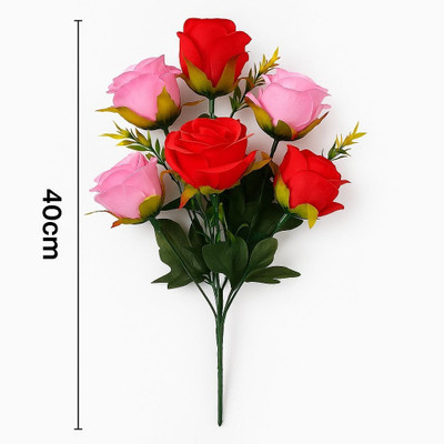 AADIRA Artificial Red Rose pink Bunch – 7Flowers Red, Green, Pink Rose Artificial Flower(40 cm, Pack of 7, Flower Bunch)