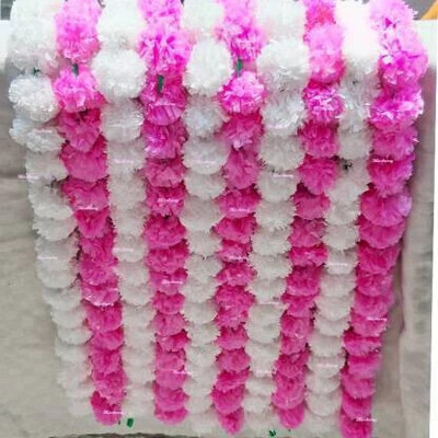 Arise Pink, White Marigold Artificial Flower(54 cm, Pack of 7, Garlands)