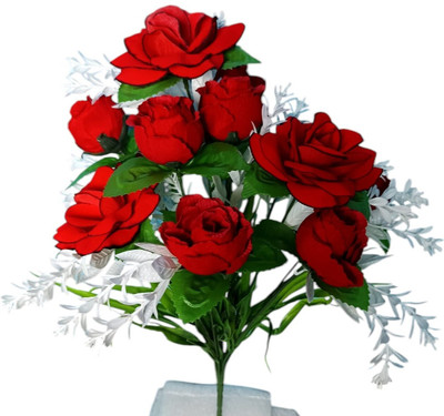 oms Velvet Rose Artificial Flower Bunch for Indoor Home Decoration Red Rose Artificial Flower(42 cm, Pack of 9, Flower Bunch)