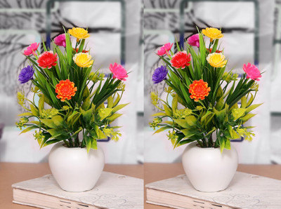 GOVIC 2 Piece Multi Color Flower With Green Leaf Natural Wild Flower | Multicolor Wild Flower Artificial Flower  with Pot(8 inch, Pack of 2, Flower with Basket)