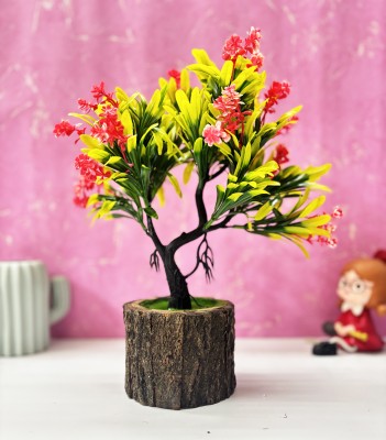 Dekorly Vintage Wooden Potted Artificial Fake Bonsai Pine Trees Plants Greenery Pine Bonsai Wild Artificial Plant  with Pot(9 cm, Red, Yellow, Green)