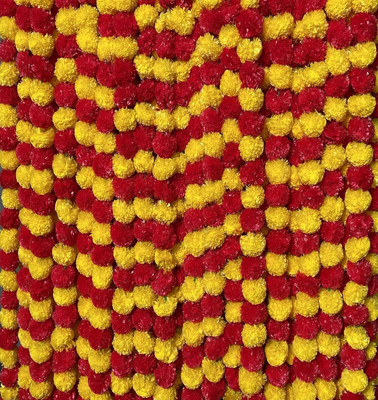 Dreamlover Artificial Marigold Fluffy Flowers Garland Genda Phool Wall Hanging Home Décor Red, Yellow Marigold Artificial Flower(60 inch, Pack of 5, Flower with Basket)