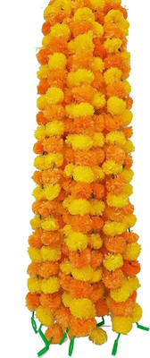 Raga Plus Set 5 Orange Lemon Yellow Artificial Marigold Fluffy Flower/Genda Phool Garlands Orange, Yellow Marigold Artificial Flower(54 cm, Pack of 5, Garlands)