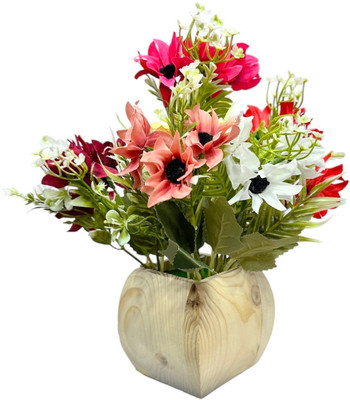 Litleo wooden pot mix design flower for home office gift Multicolor, Brown Rose Artificial Flower  with Pot(23 cm, Pack of 1, Flower with Basket)