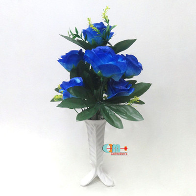 OM COLLECTIONS Artificial Rose flower Blue Rose Artificial Flower  with Pot(14 cm, Pack of 3, Flower Bunch)
