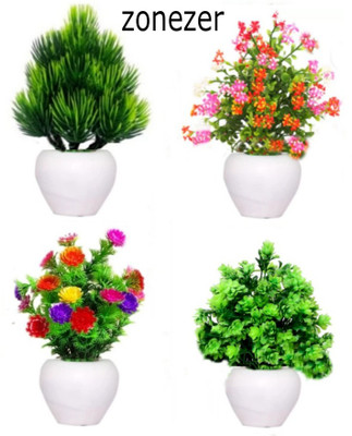 zonezer Best Artficial flower with pot [PACK OF 4] Multicolor Wild Flower Multicolor Daisy Artificial Flower  with Pot(7 inch, Pack of 4, Flower with Basket)