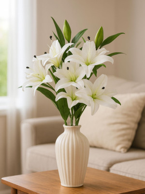 Artsy Artificial Flowers for decoration lily flower bunch for vase/pot White, Green Lily Artificial Flower(100 cm, Pack of 1, Flower Bunch)