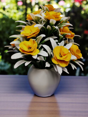 oms Artificia Velvetl Flower Pot Apple Shaped for Your Home Decoration White, Yellow Rose Artificial Flower  with Pot(22 cm, Pack of 1, Flower with Basket)