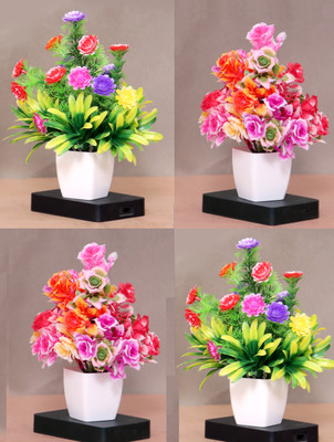 S-Biv Pack of 4 Pcs Artificial Flowers With Vase Multicolor Rose, Cherry Artificial Flower  with Pot(7 inch, Pack of 4, Flower with Basket)
