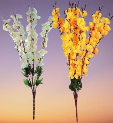 Ajaa Yellow, Green Lotus Artificial Flower(55 cm, Pack of 7, Flower Bunch)