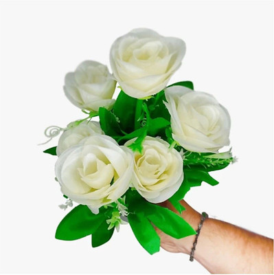 OM COLLECTIONS Rose Artificial Flower White, Green Rose Artificial Flower(15 cm, Pack of 3, Flower Bunch)