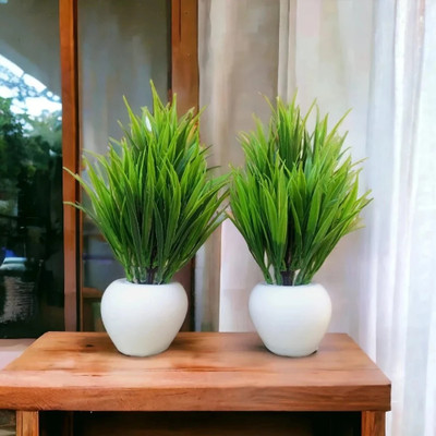 Ukv collection smax green grass Green Wild Flower Artificial Flower  with Pot(10 cm, Pack of 2, Flower with Basket)