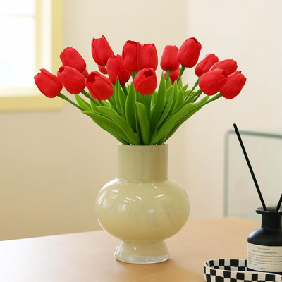 ALIZA Decorative Artificial Tulip Flower Bouquet for Living Room Decor Red Tulips Artificial Flower(34 cm, Pack of 5, Single Flower)
