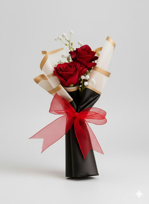 Fleur Buddy Romantic Bloom Artificial Rose Bouquet Black, Red Rose Artificial Flower(30 cm, Pack of 2, Flower Bunch)