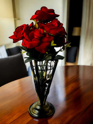 Yuva outo Red Rose Artificial Flower  with Pot(35 cm, Pack of 2, Single Flower)