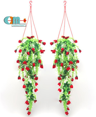 PSYCHFLORE Wall Hanging Red Rose Artificial Flower Bunch with Pot (2 Flowers Bucket) Multicolor Rose Artificial Flower  with Pot(30 cm, Pack of 2, Vine & Creepers)