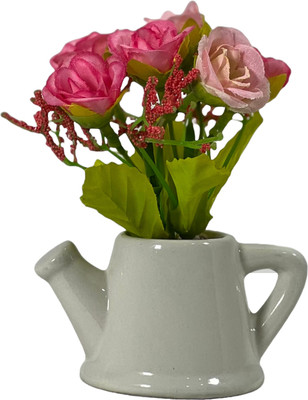 VENSA KINS Pink Rose Artificial Flower  with Pot(12 cm, Pack of 1, Single Flower)