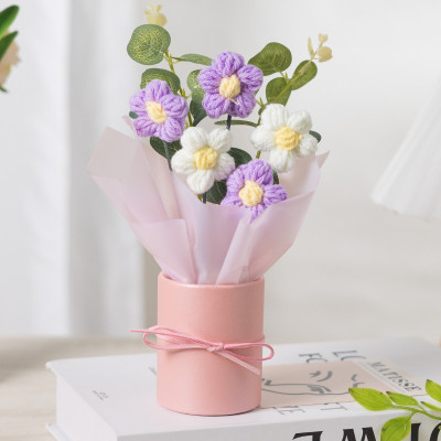 Satyam Kraft 1 Pcs Artificial Daisy Crochet Flower Bouquet with Pot | Home Decor,Table,Gift Purple, White Daisy Artificial Flower  with Pot(22 cm, Pack of 1, Flower with Basket)