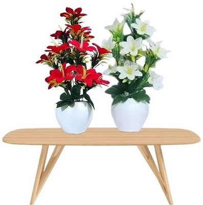 AartPush Red, White Lily Artificial Flower  with Pot(35 cm, Pack of 2, Flower with Basket)