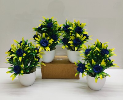 ADIRSA Stylish Looking Blue Color Decorative Piece Rose Flower Set Off 04 Blue Wild Flower Artificial Flower  with Pot(6 inch, Pack of 4, Flower with Basket)