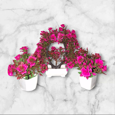 KAJI EMPIRE Pink Rose Artificial Flower  with Pot(1.5 cm, Pack of 3, Single Flower)