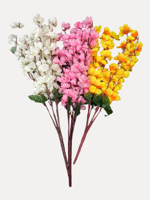 MotiRaj artificial blossom flowers for décor blossom flower for home office decoration White, Pink, Yellow Peach Blossom Artificial Flower(55 cm, Pack of 3, Flower Bunch)