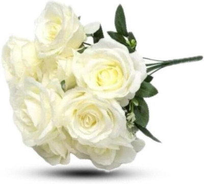 GudiyaEnt Artificial White Rose Bunch in 5 Head for Beautiful Home Decors White Rose Artificial Flower(22 cm, Pack of 1, Flower Bunch)