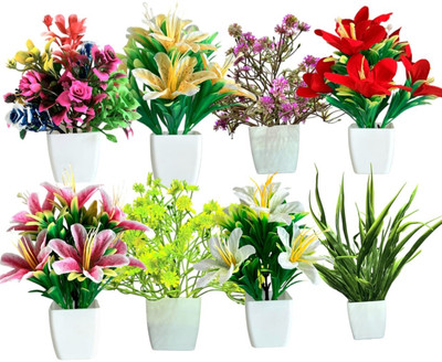 Ramarch Pack of 8 multicolour mix flower unique quality for flower Multicolor Ballmum Artificial Flower  with Pot(15 cm, Pack of 8, Vine & Creepers)