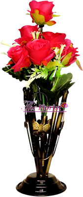 The Florist Rose Artificial Flowers MAROON Bouquet with IRON VASE Maroon Rose Artificial Flower  with Pot(17 inch, Pack of 1, Flower with Basket)