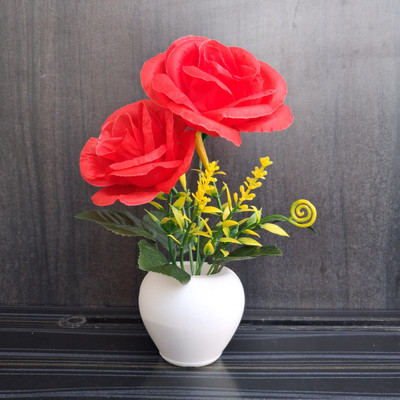 clotheer Super Red Rose Artificial Flower  with Pot(18 cm, Pack of 1, Flower with Basket)