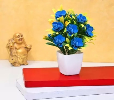AartPush Blue Rose Artificial Flower  with Pot(15 cm, Pack of 1, Flower with Basket)