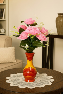 YugAura Artificial Rose Flower Bunch with Wooden Vase Decorative Flower Pot Home Office Pink Rose Artificial Flower  with Pot(40 cm, Pack of 1, Flower Bunch)