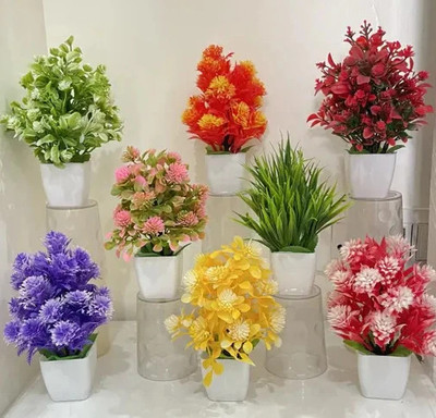 Ryme Set Of 8 Artificial Flowers With Pot Multicolor Wild Flower Artificial Flower  with Pot(15 cm, Pack of 8, Flower Bunch)