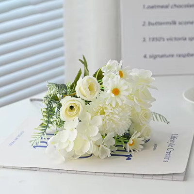 Ekhasa Rose & Chrysanthemum Artificial Flowers Bunch for Vases, Pots & Home Decoration White Rose, Chrysanthemum, Daisy Artificial Flower(34 cm, Pack of 1, Flower Bunch)