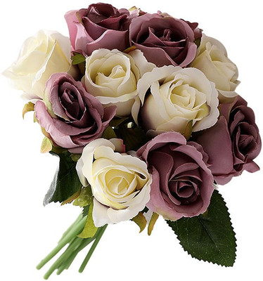 HomeXO Artificial rose Silky flower Combo of Purple, White Rose Artificial Flower(25 cm, Pack of 12, Flower Bunch)