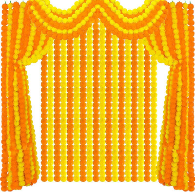 mapperz Artificial Marigold Garland For Home Decoration 10 Strings With 300 Flowers Mala Yellow, Orange Marigold Artificial Flower(130 cm, Pack of 10, Garlands)