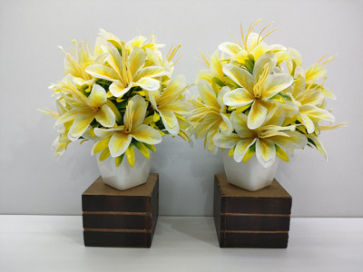 ADIRSA Stylish Looking Yellow Lily Decorative Piece Rose Flower Set Yellow Wild Flower Artificial Flower  with Pot(6 inch, Pack of 2, Flower with Basket)