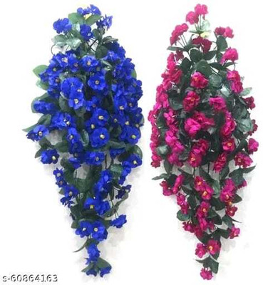 kanha creation Artificial Blue & Daisy Purple Moon Latkan Flower With Pot Multicolor Daisy Artificial Flower  with Pot(35 cm, Pack of 2, Flower Bunch)