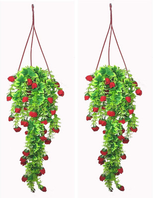 PSYCHFLORE Wall Hanging Red Rose Artificial Flower Bunch with Pot (2 Flowers Bucket) Multicolor Rose Artificial Flower  with Pot(30 cm, Pack of 2, Vine & Creepers)