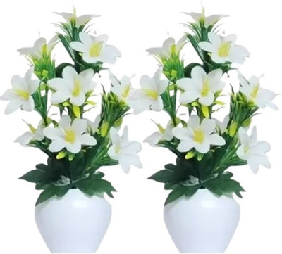 AartPush White Lily Artificial Flower  with Pot(35 cm, Pack of 2, Flower with Basket)