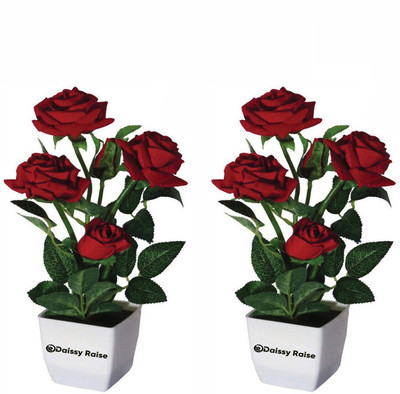 Daissy Raise Red Rose Artificial Flower  with Pot(14 cm, Pack of 2, Flower with Basket)