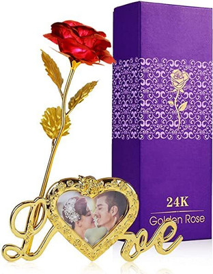 Menka Artificial Golden Red Rose With Photo Frame Gift Set With Box & Carry Bag Red Rose Artificial Flower(22 cm, Pack of 1, Flower with Basket)
