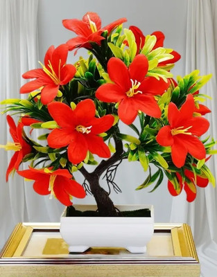 KanRaj Red Lily Artificial Flower with Pot Red Lily Artificial Flower  with Pot(28 cm, Pack of 1, Flower with Basket)