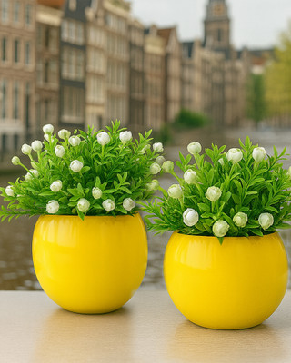 Homesake Ice Italian Rose Bunch Artificial faux Decorative,home decor,Yellow Metal Pot White Rose Artificial Flower  with Pot(6 inch, Pack of 2, Garlands)