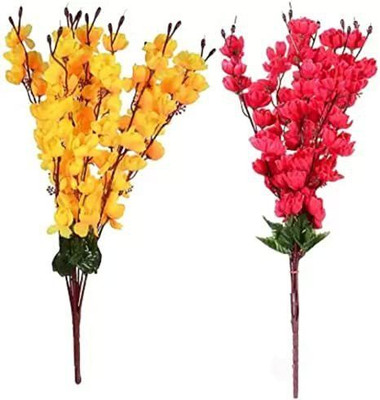 MotiRaj Artificial Blossoms Flower Bunch for home wedding indoor decoration Yellow, Pink Cherry Blossom Artificial Flower(55 cm, Pack of 2, Flower Bunch)
